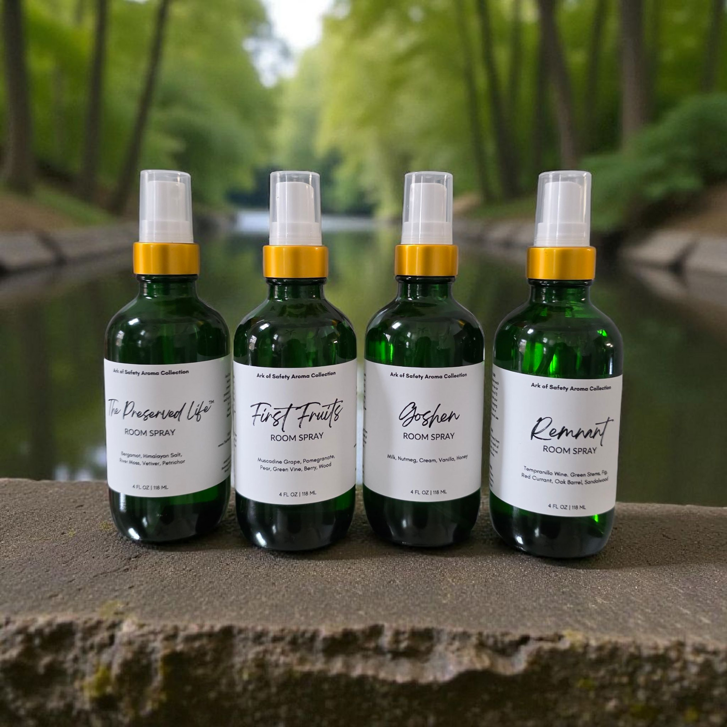 Ark of Safety Aroma Collection by Restoring Balance Holistic featuring The Preserved Life, Firstfruits, Remnant, and Goshen faith-based room sprays.