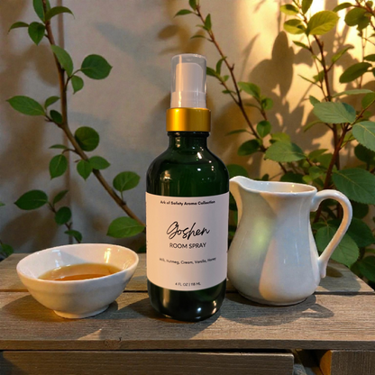 Goshen room spray by Restoring Balance Holistic, a faith-based fragrance with milk, nutmeg cream, vanilla, and honey notes in a soft, warm environment.