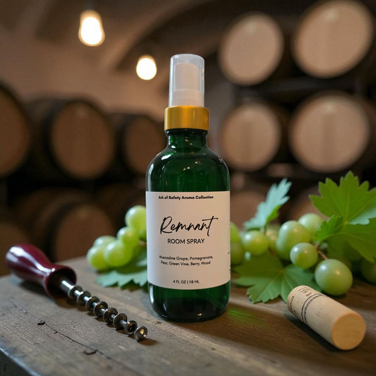 Remnant room spray by Restoring Balance Holistic, a prophetic fragrance featuring tempranillo wine, fig, red currant, oak barrel, and sandalwood in a grounded setting.