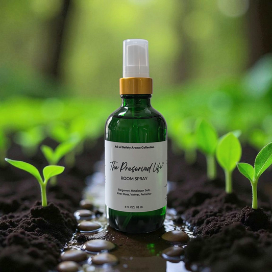The Preserved Life room spray by Restoring Balance Holistic, a faith-based fragrance with bergamot, Himalayan salt, river moss, vetiver, and petrichor in a calm natural setting.